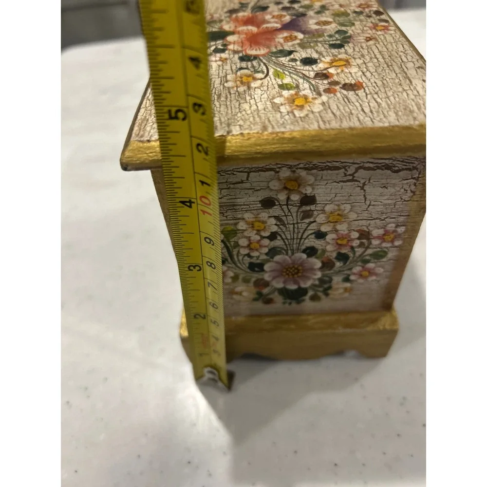 Vintage Hand Painted Floral Wooden Jewelry Box Crackle Finish Gold Trim Mirror